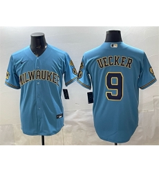 Men Milwaukee Brewers  9 Bob Uecker Blue With Home   Bob Uecker Patch Stitched Baseball Jersey