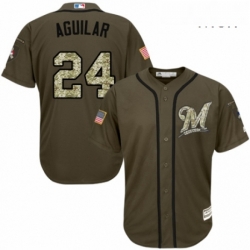 Mens Majestic Milwaukee Brewers 24 Jesus Aguilar Authentic Green Salute to Service MLB Jersey 