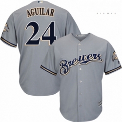 Mens Majestic Milwaukee Brewers 24 Jesus Aguilar Replica Grey Road Cool Base MLB Jersey 