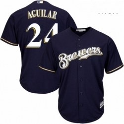 Mens Majestic Milwaukee Brewers 24 Jesus Aguilar Replica Navy Blue Alternate Cool Base MLB Jersey 