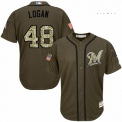 Mens Majestic Milwaukee Brewers 48 Boone Logan Authentic Green Salute to Service MLB Jersey 