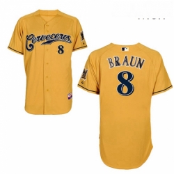 Mens Majestic Milwaukee Brewers 8 Ryan Braun Replica Gold Cerveceros Cool Base MLB Jersey