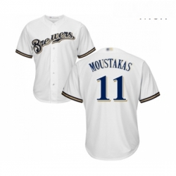 Mens Milwaukee Brewers 11 Mike Moustakas Replica White Alternate Cool Base Baseball Jersey 