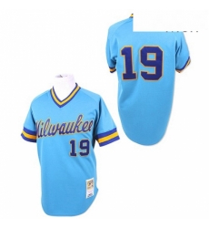 Mens Mitchell and Ness Milwaukee Brewers 19 Robin Yount Replica Blue Throwback MLB Jersey