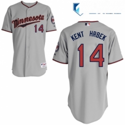 Mens Majestic Minnesota Twins 14 Kent Hrbek Replica Grey Road Cool Base MLB Jersey