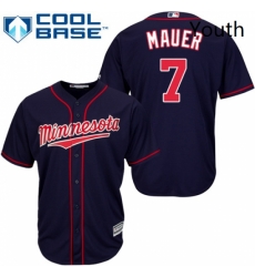 Youth Majestic Minnesota Twins 7 Joe Mauer Replica Navy Blue Alternate Road Cool Base MLB Jersey