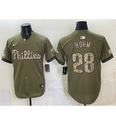 Men Philadelphia Phillies 28 Alec Bohm Olive 2026 Armed Forces Day Stitched Baseball Jersey Men Philadelphia Phillies 28 Alec Bohm Olive 2026 Armed Forces Day Stitched Baseball Jersey