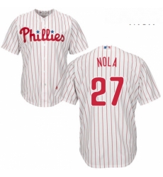 Mens Majestic Philadelphia Phillies 27 Aaron Nola Replica WhiteRed Strip Home Cool Base MLB Jersey