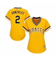 Womens Pittsburgh Pirates 2 Erik Gonzalez Replica Gold Alternate Cool Base Baseball Jersey 