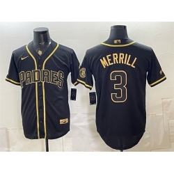 Men San Diego Padres  3 Jackson Merrill Black Gold With Patch Stitched Baseball Jersey