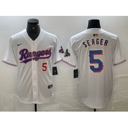 Men Texas Rangers 5 Corey Seager Number White 2023 World Series Champions Cool Base Jersey