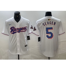 Men Texas Rangers 5 Corey Seager White 2023 World Series Champions Cool Base Jersey