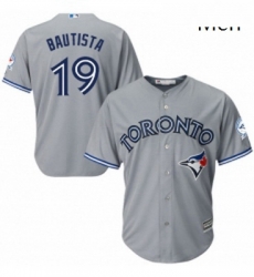 Mens Majestic Toronto Blue Jays 19 Jose Bautista Replica Grey Road 40th Anniversary Patch MLB Jersey