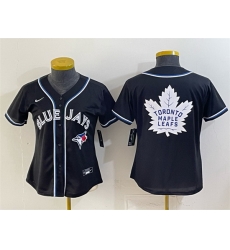 Women Toronto Blue Jays Leafs With White Leafs Logo 2026 Fashion Replica Black Out Stitched Baseball Jersey Women Toronto Blue Jays Leafs With White Leafs Logo 2026 Fashion Replica Black Out Stitched Baseball Jersey