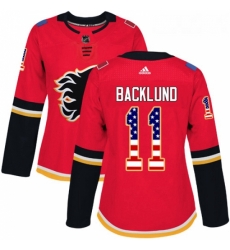 Womens Adidas Calgary Flames 11 Mikael Backlund Authentic Red USA Flag Fashion NHL Jersey 