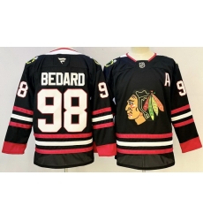 Men Chicago Blackhawks 98 Connor Bedard Black With A Patch Stitched Hockey Jersey