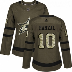 Womens Adidas Dallas Stars 10 Martin Hanzal Authentic Green Salute to Service NHL Jersey 