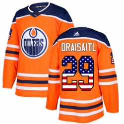 Mens Adidas Edmonton Oilers 29 Leon Draisaitl Authentic Orange USA Flag Fashion NHL Jersey 