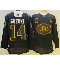 Men Montreal Canadiens 14 Nick Suzuki 2022 Black Warm Up History Night Stitched Jersey