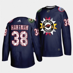 Men Minnesota Wild 38 Ryan Hartman 2021 22 Navy Native American Heritage Day Stitched Jersey