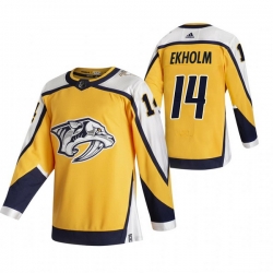 Men Nashville Predators 14 Mattias Ekholm Yellow Adidas 2020 21 Reverse Retro Alternate NHL Jersey