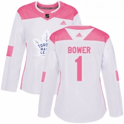 Womens Adidas Toronto Maple Leafs 1 Johnny Bower Authentic WhitePink Fashion NHL Jersey 