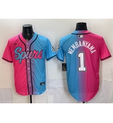 Men San Antonio Spurs 1 Victor Wembanyama Pink Blue Limited Stitched Baseball Jersey Men San Antonio Spurs 1 Victor Wembanyama Pink Blue Limited Stitched Baseball Jersey