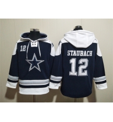 Men Dallas Cowboys 12 Roger Staubach Navy Ageless Must Have Lace Up Pullover Hoodie