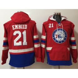 Men Philadelphia 76ers 21 Joel Embiid Red Name  26 Number Pullover NBA Hoodie