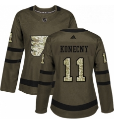 Womens Adidas Philadelphia Flyers 11 Travis Konecny Authentic Green Salute to Service NHL Jersey 