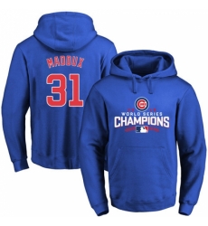 MLB Men Chicago Cubs 31 Greg Maddux Royal 2016 World Series Champions Walk Pullover Hoodie