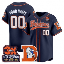 Men Denver Broncos Active Player Custom Navy 3X Super Bowl champions Patch Throwback Vapor Stitched Baseball Jersey
