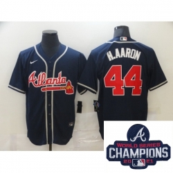 Men Nike Atlanta Braves 44 Hank Aaron Blue Stitched MLB 2021 Champions Patch Jersey