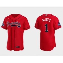 Men's Red Atlanta Braves #1 Ozzie Albies 2021 World Series Champions Flex Base Stitched Jersey