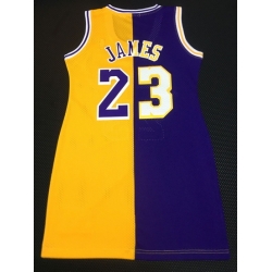 Women Los Angeles Lakers 23 Lebron James Dress Stitched Jersey Yellow Purple Split II