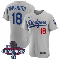 Youth Nike Los Angeles Dodgers Yoshinobu Yamamoto #18 Gray Flex Base 2024 World Series Champions Stitched MLB Jersey