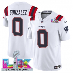 Men New England Patriots 0 Christian Gonzalez White 2025 F U S E  Super Bowl LX Patch Vapor Limited Stitched Football Jersey