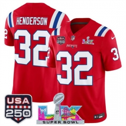 Men New England Patriots 32 TreVeyon Henderson Red 2025 F U S E  Super Bowl LX Patch And USA 250 27 Patch Vapor Limited Football Stitched Jersey
