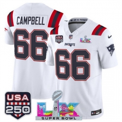 Men New England Patriots 66 Will Campbell White 2025 F U S E  Super Bowl LX Patch And USA 250 27 Patch Vapor Limited Football Stitched Jersey