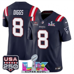 Youth New England Patriots 8 Stefon Diggs Navy 2025 F U S E  Super Bowl LX  USA 250 Patch Vapor Limited Stitched Football Jersey
