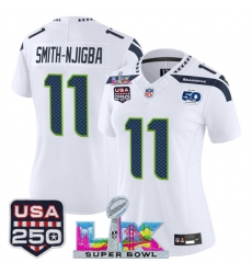 Women Seattle Seahawks 11 Jaxon Smith Njigba White 2025 F U S E Super Bowl LX Patch And 50th Season  USA 250 Patch Vapor Limited Football Stitched Jersey 
