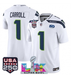 Youth Seattle Seahawks 1 Pete Carroll White 2025 F U S E Super Bowl LX Patch And 50th Season USA 250 Patch Vapor Limited Stitched Football Jersey Youth Seattle Seahawks 1 Pete Carroll White 2025 F U S E Super Bowl LX Patch And 50th Season USA 250 Patch Vapor Limited Stitched Football Jersey