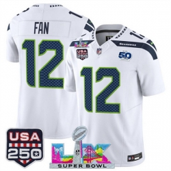 Youth Seattle Seahawks 12 Fan White 2025 F U S E  Super Bowl LX Patch And 50th Season Patch Vapor Limited Stitched Football Jersey