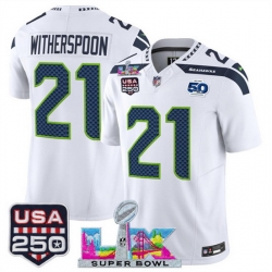 Youth Seattle Seahawks 21 Devon Witherspoon White 2025 F U S E  Super Bowl LX Patch And 50th Season  USA 250 Patch Vapor Limited Stitched Football Jersey