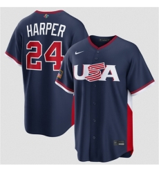 Men USA Baseball  24 Bryce Harper Navy 2026 World Baseball Classic Road Stadium Stitched Jersey